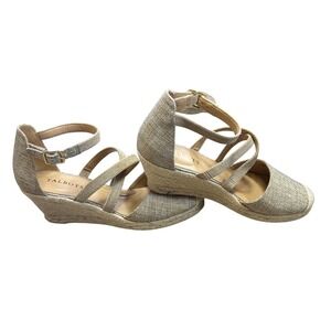 Talbots Women 8M Beige Textile Wedge Sandals Summer Shoes Coastal Grandmother